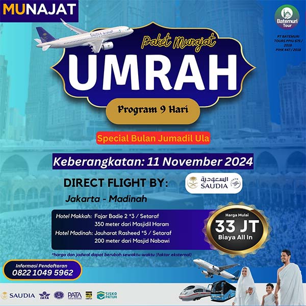Umrah Jumadil Ula 1446 H, Paket 9 Hari, Batemuri Tour, Keberangkatan: 11 November 2024